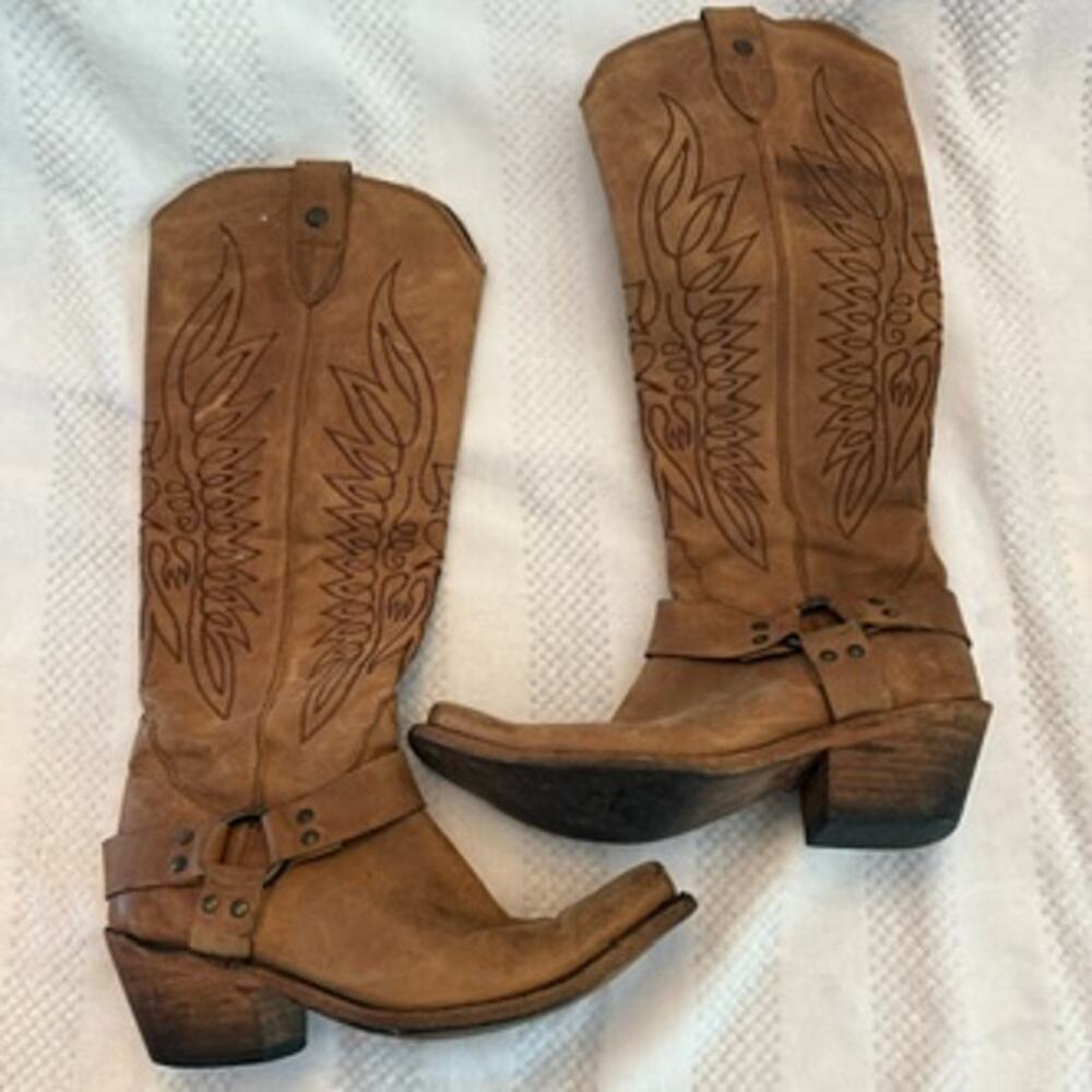 Liberty Black tall western cowboy boots distressed leather thunderbird size 8